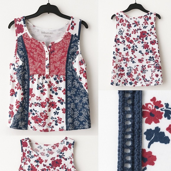 Women Within 1X (22/24) Sleeveless Henley Tank Floral Paisley Crochet Patriotic‎ - Picture 1 of 8